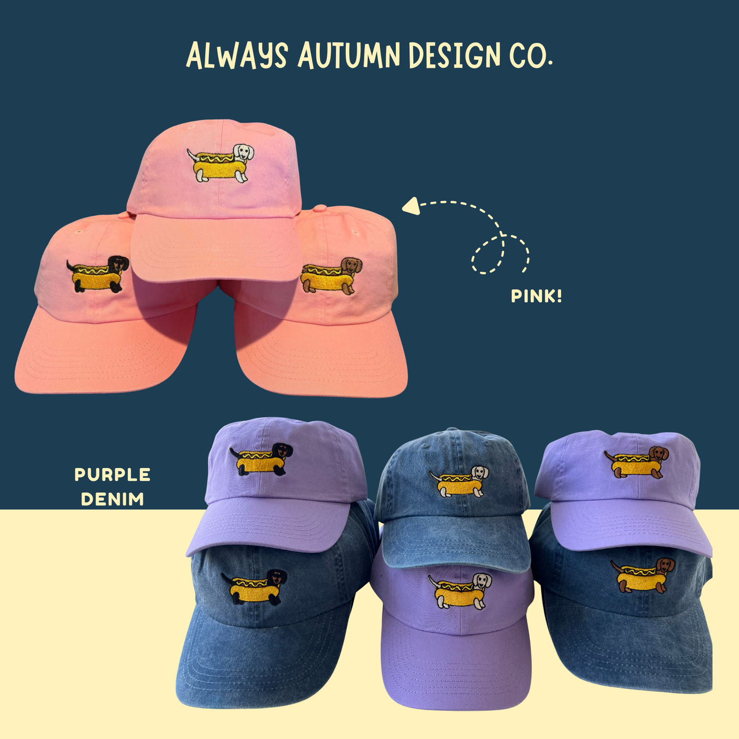Hot Dog Dachshund Embroidered Hat - 3 Dachshund Colors