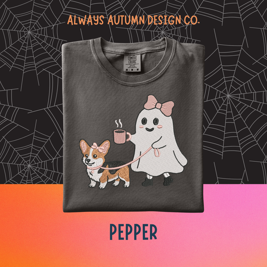 Embroidered Ghost Walking Corgi Shirt