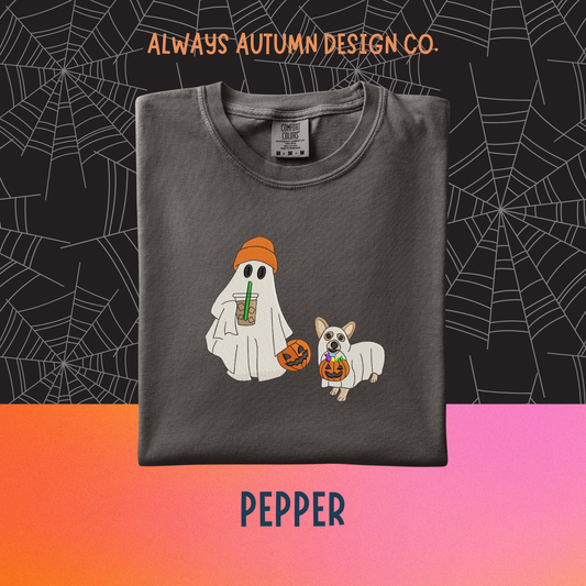 Embroidered Ghost Walking Corgi Ghost Shirt