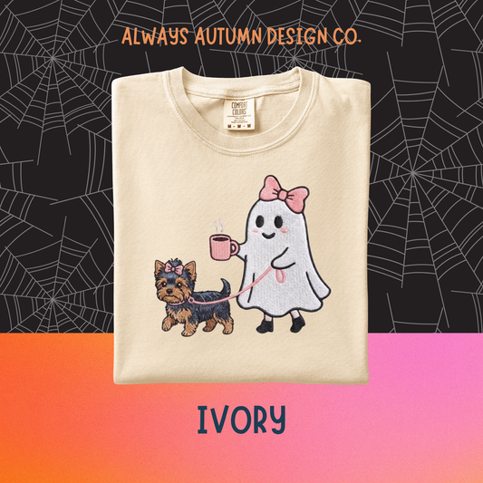 Embroidered Ghost Walking Yorkie Shirt